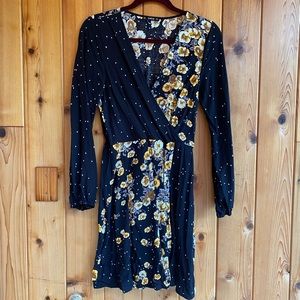 Cotton Rayon floral black yellow faux wrap dress